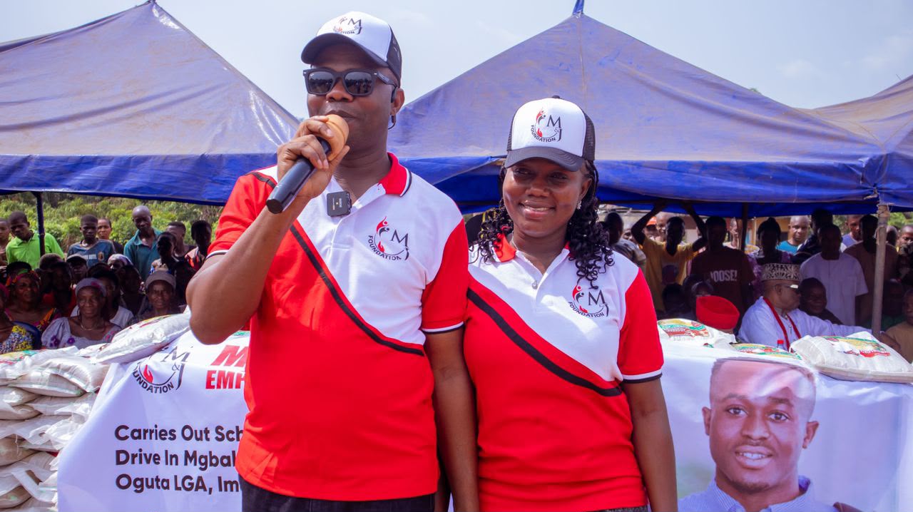 Foundation leaders addressing beneficiaries at a school support drive in Oguta LGA